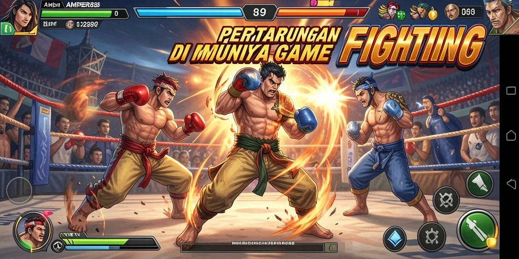 Tangkapan layar gameplay AMPER88 menunjukkan pertarungan seru antar karakter.