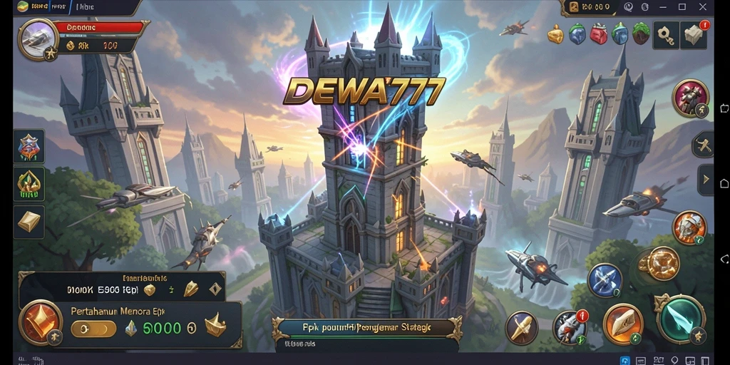 Screenshot gameplay <strong>DEWA777</strong> menunjukkan serangan menara yang spektakuler.