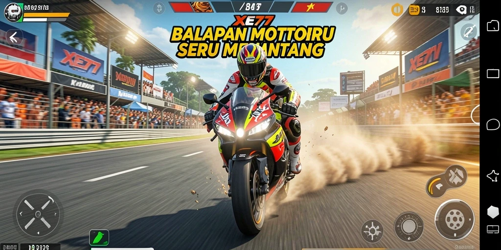 Gameplay seru balapan motor di XE77 dengan trek yang menantang.